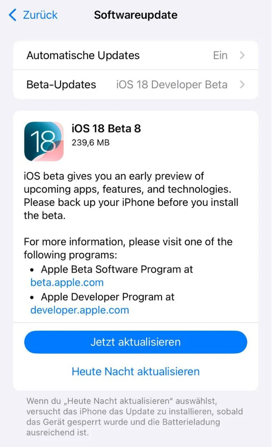 七星关苹果手机维修分享苹果 iOS / iPadOS 18 开发者预览版 Beta 8 发布 